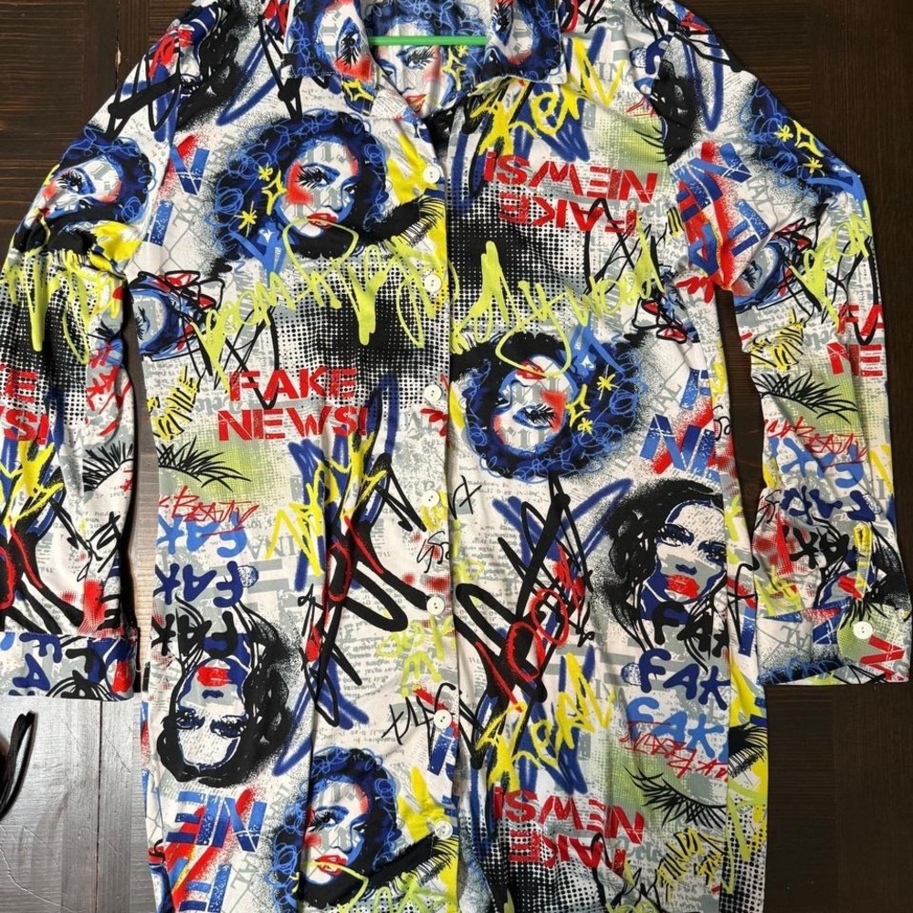 Graffiti Pop Art Fake News Long Sleeve Button Down‎ Shirt Mens White Multi Color